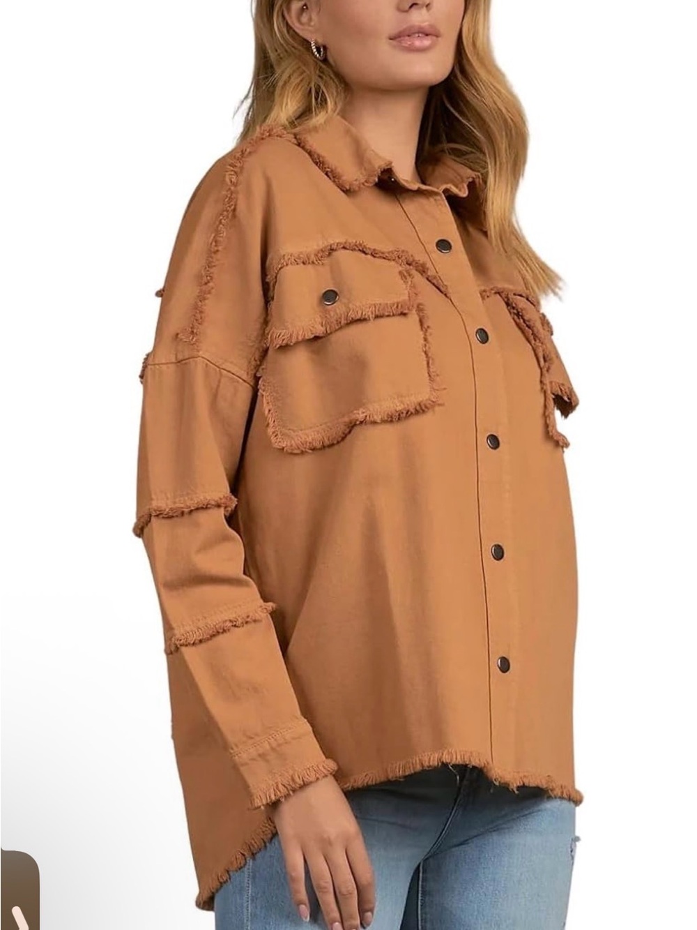 NWT Elan Rock & Roll Oversized Shacket Jacket Large Camel Frayed Utility DE8121 - Picture 3 of 4
